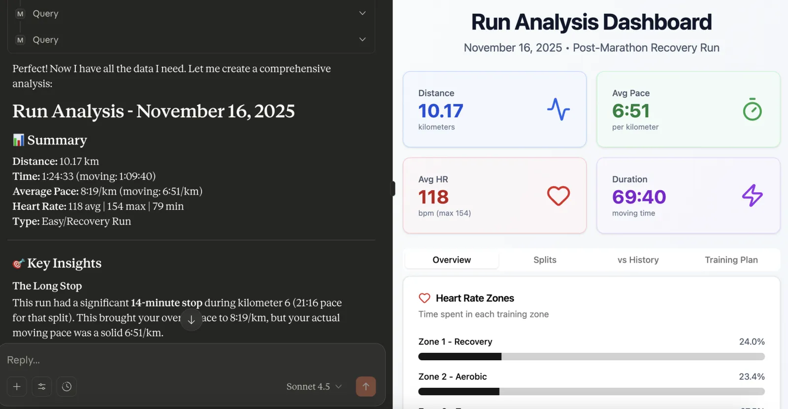 Run Analysis Dashboard showing comprehensive metrics