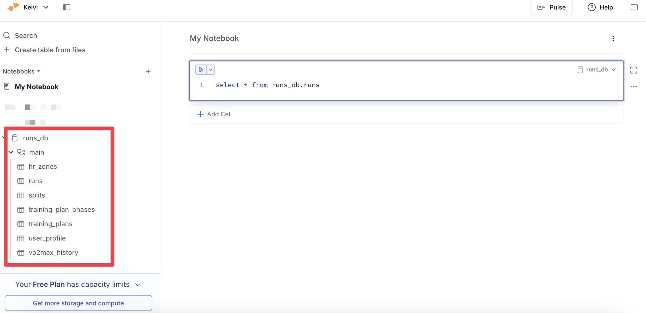MotherDuck database schema with runs data