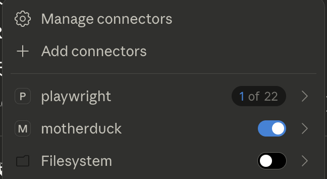 MCP connectors in Claude showing MotherDuck connection