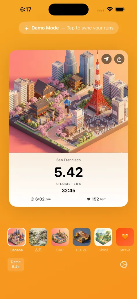 Isometric cityscape art style with run stats