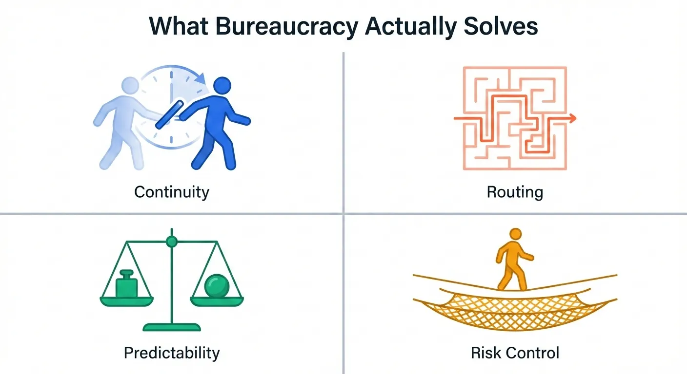 What bureaucracy actually solves — continuity, routing, predictability, and risk control