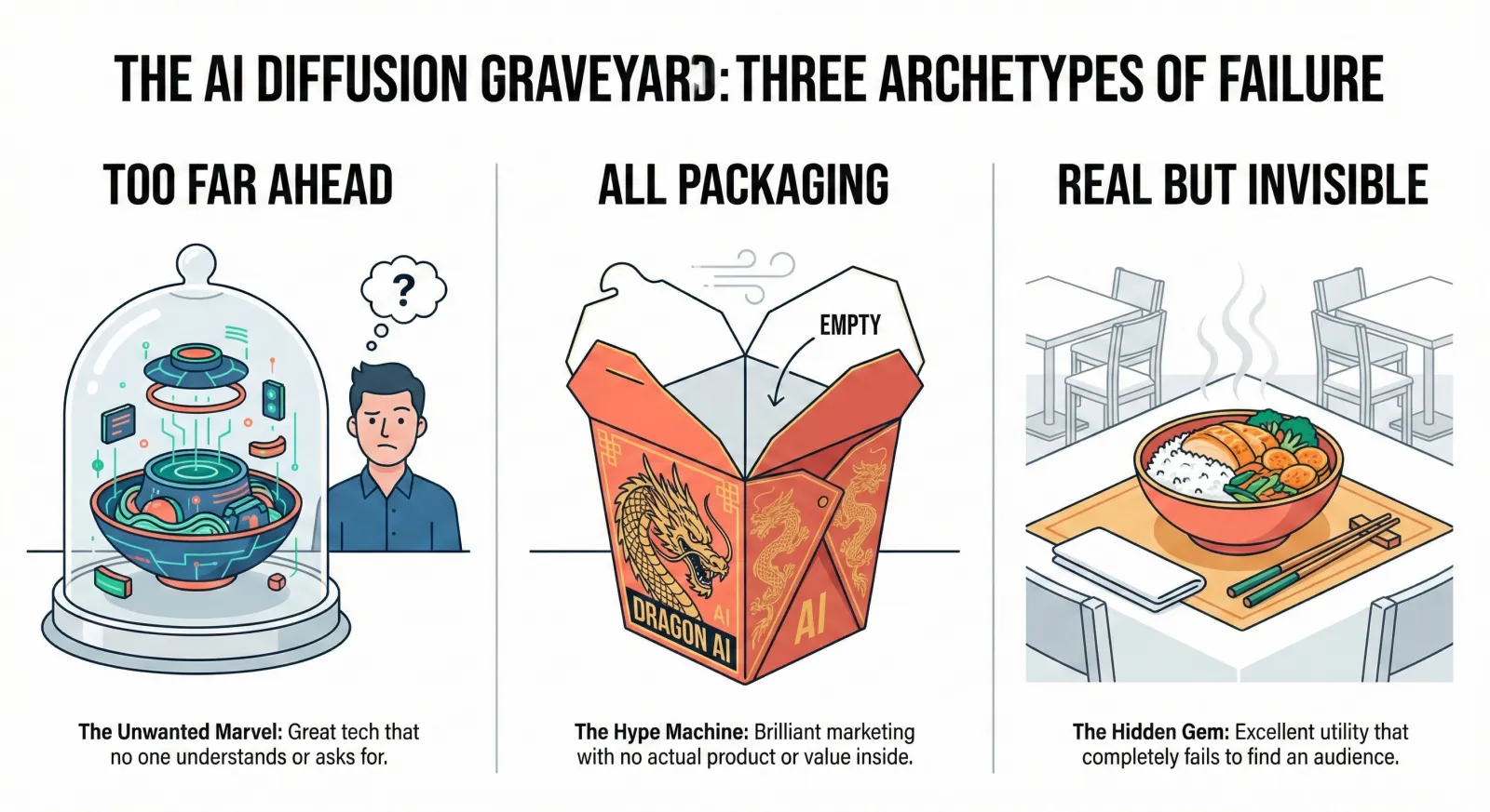 Three archetypes of AI adoption failure: too far ahead, all packaging, and real but invisible