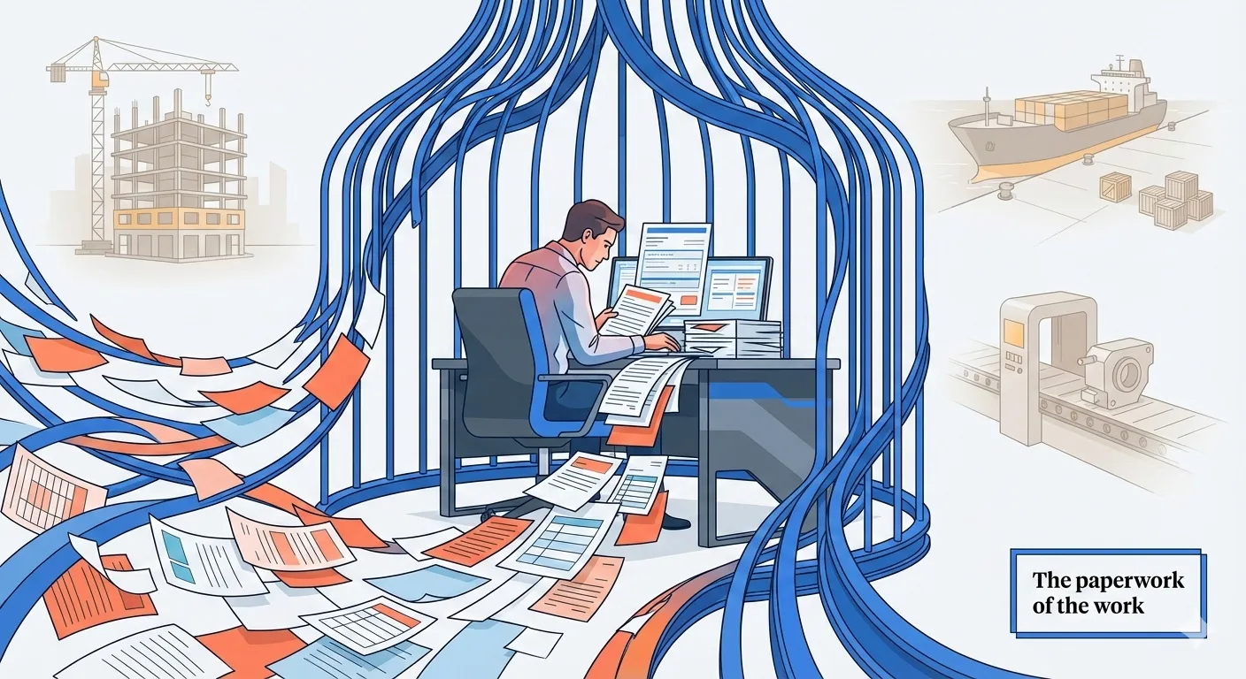 The iron cage — paperwork transforms into prison bars while the real work sits untouched