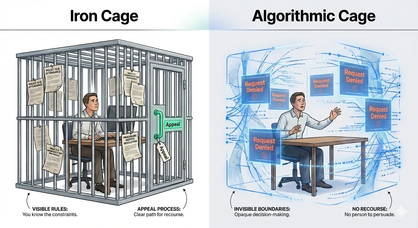 Iron cage vs. algorithmic cage — visible rules and appeal vs. invisible boundaries and no recourse