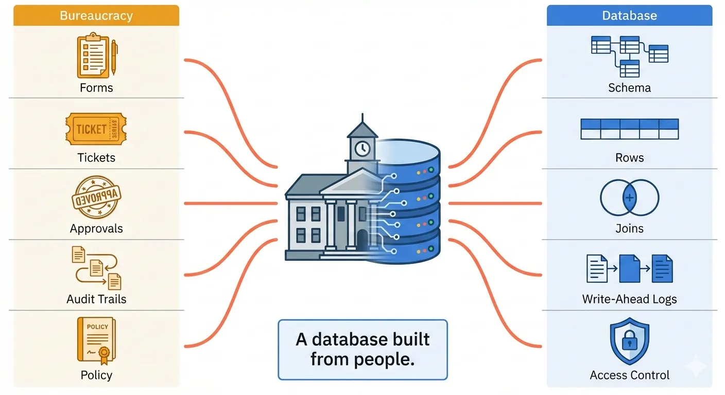 Bureaucracy as a database built from people — forms are schema, tickets are rows, approvals are joins